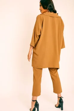 Rebellious Fashion Camel Crepe Oversized Shirt and Cropped Trousers Co-ord - Ellee