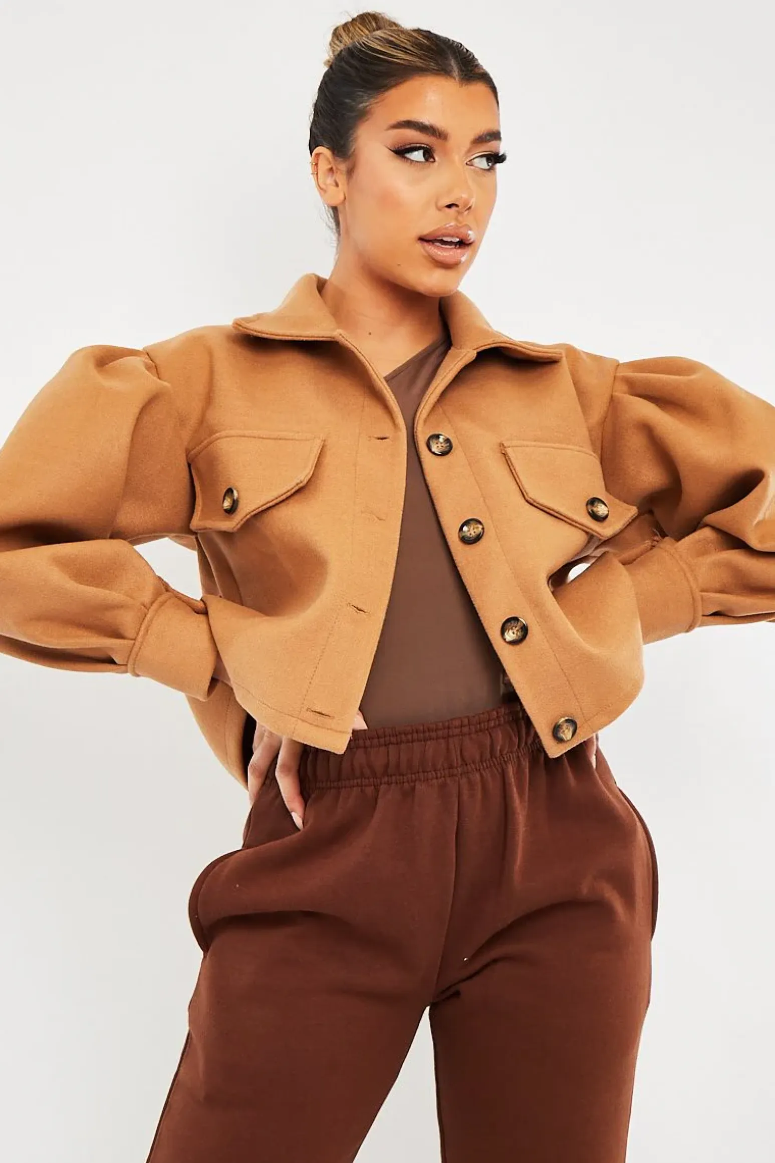 Rebellious Fashion Camel Cropped Balloon Sleeve Shacket - Lexia