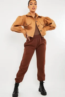 Rebellious Fashion Camel Cropped Balloon Sleeve Shacket - Lexia