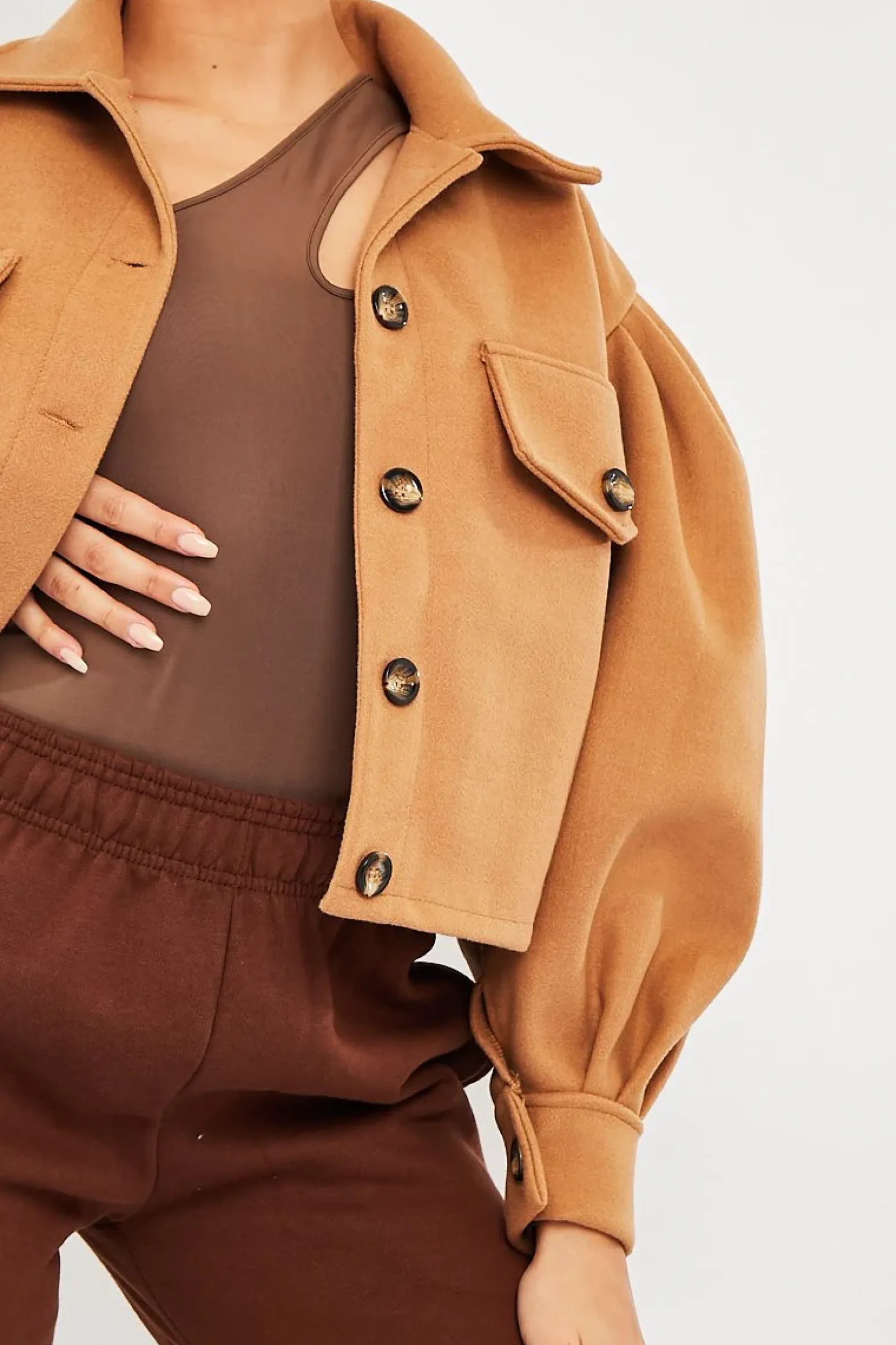 Rebellious Fashion Camel Cropped Balloon Sleeve Shacket - Lexia