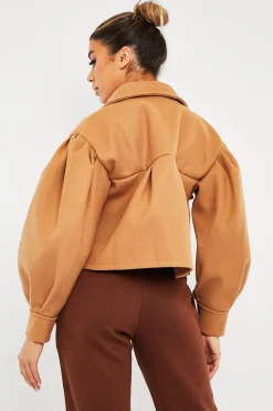 Rebellious Fashion Camel Cropped Balloon Sleeve Shacket - Lexia