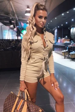 Rebellious Fashion Camel Denim Long Sleeve Belted Playsuit - Jasslyn