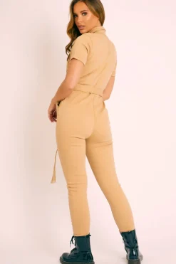 Rebellious Fashion Camel Denim Short Sleeve Button Up Belted Waist Boilersuit - Stevie