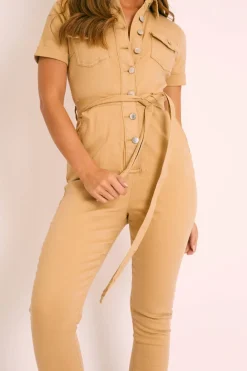 Rebellious Fashion Camel Denim Short Sleeve Button Up Belted Waist Boilersuit - Stevie