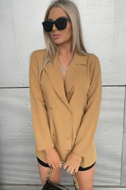 Rebellious Fashion Camel Double Breasted Longline Blazer - Izelle