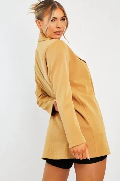 Rebellious Fashion Camel Double Breasted Longline Blazer - Izelle