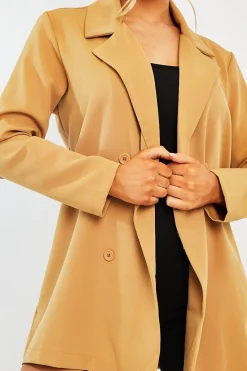 Rebellious Fashion Camel Double Breasted Longline Blazer - Izelle