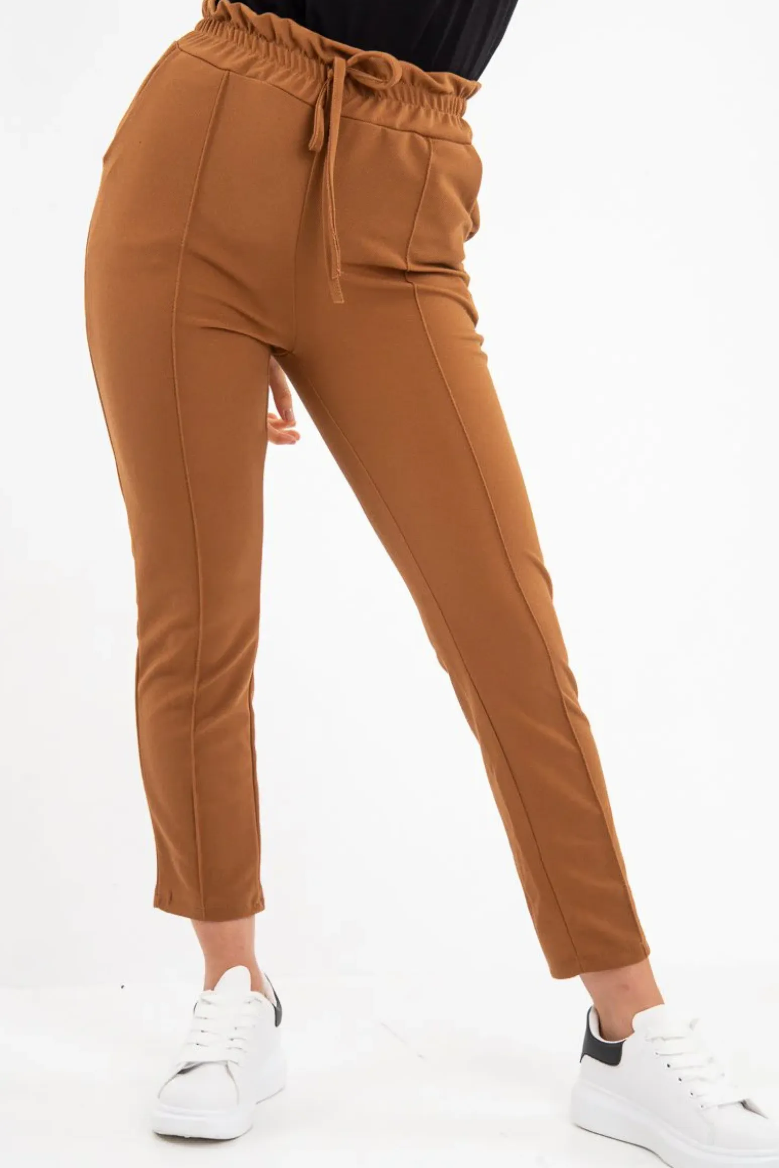 Rebellious Fashion Camel Drawstring Seam Front Tailored Joggers - Lissie