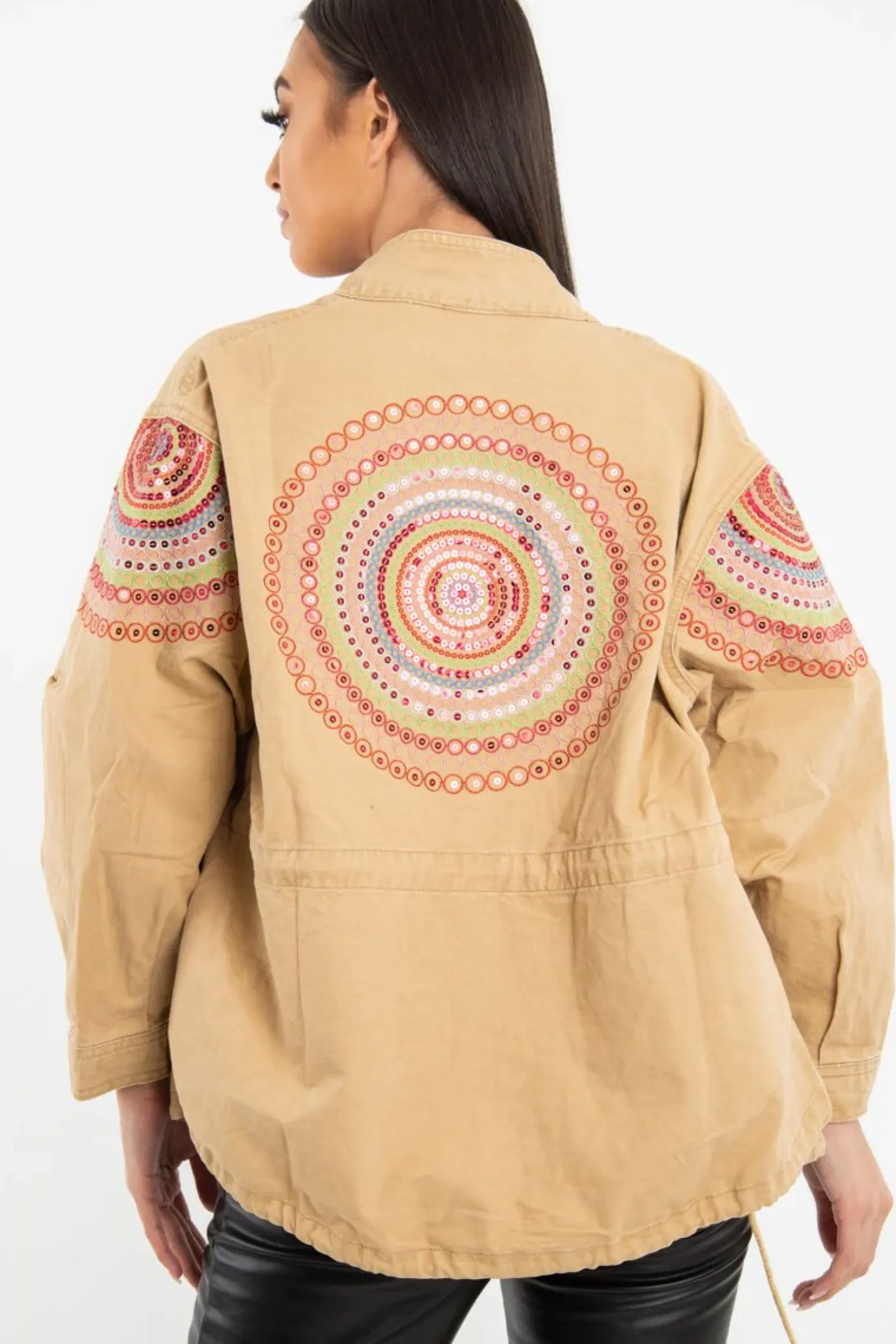 Rebellious Fashion Camel Embroidered Sequin Parka Denim Jacket - Laicee