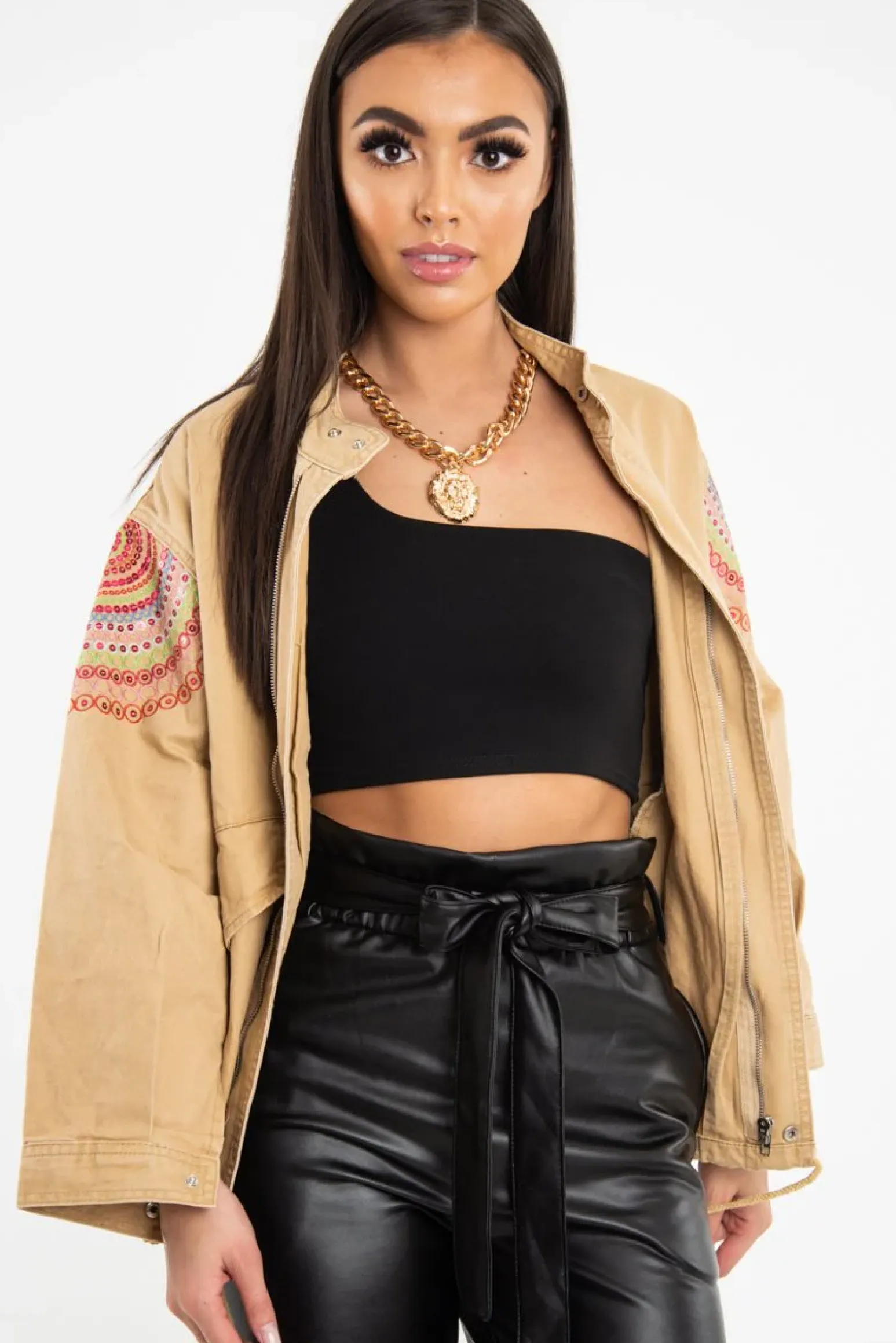 Rebellious Fashion Camel Embroidered Sequin Parka Denim Jacket - Laicee