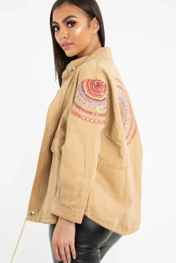 Rebellious Fashion Camel Embroidered Sequin Parka Denim Jacket - Laicee