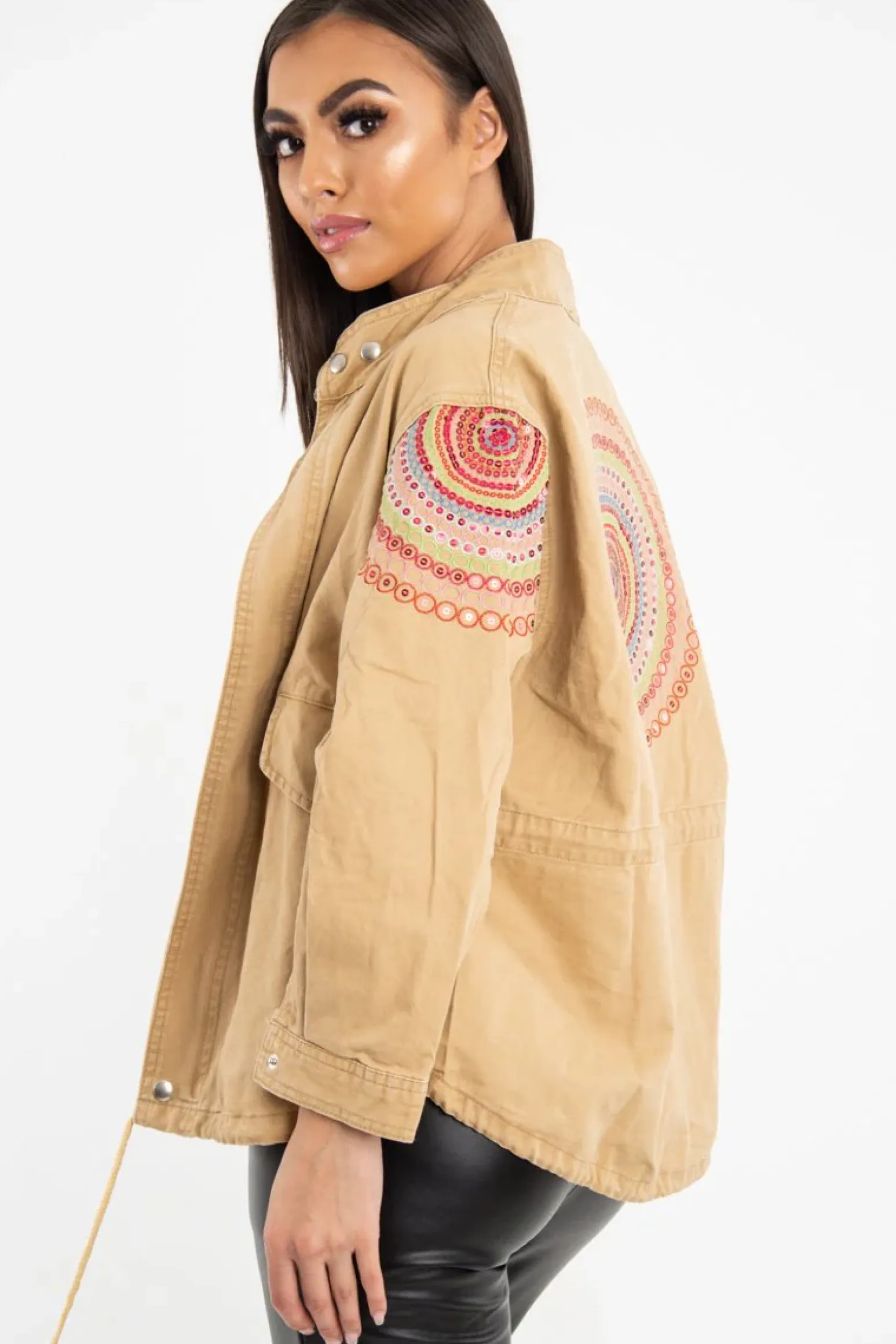 Rebellious Fashion Camel Embroidered Sequin Parka Denim Jacket - Laicee