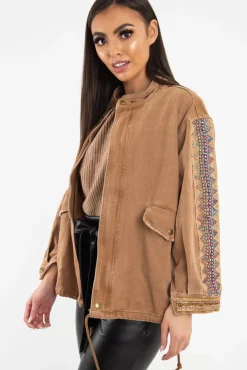 Rebellious Fashion Camel Embroidered Sleeve Detail Denim Parka Jacket - Kaori