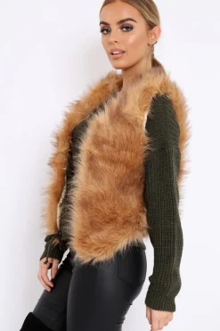 Rebellious Fashion Camel Faux Fur Cropped Gilet - Nadia