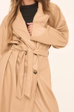 Rebellious Fashion Camel Faux Leather Double Breasted Oversized Longline Trench Coat - Ethel