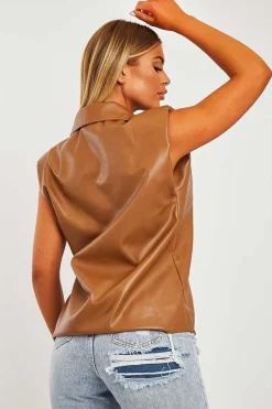 Rebellious Fashion Camel Faux Leather Shoulder Pad Shirt - Eila