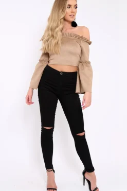 Rebellious Fashion Camel Faux Suede Crop Bardot Top - Torri