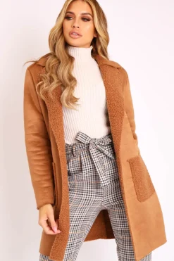 Rebellious Fashion Camel Faux Suede Shearling Coat - Izabella