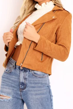 Rebellious Fashion Camel Faux Suede Zip Front Biker Jacket - Isadora