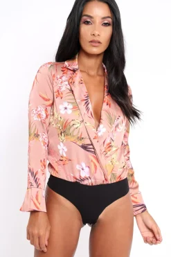 Rebellious Fashion Camel Floral Plunge Satin Bodysuit - Rebeka