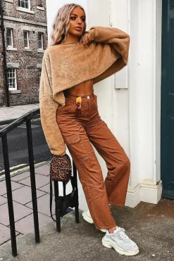 Rebellious Fashion Camel Fluffy Long Sleeve Crop Jumper - Noura