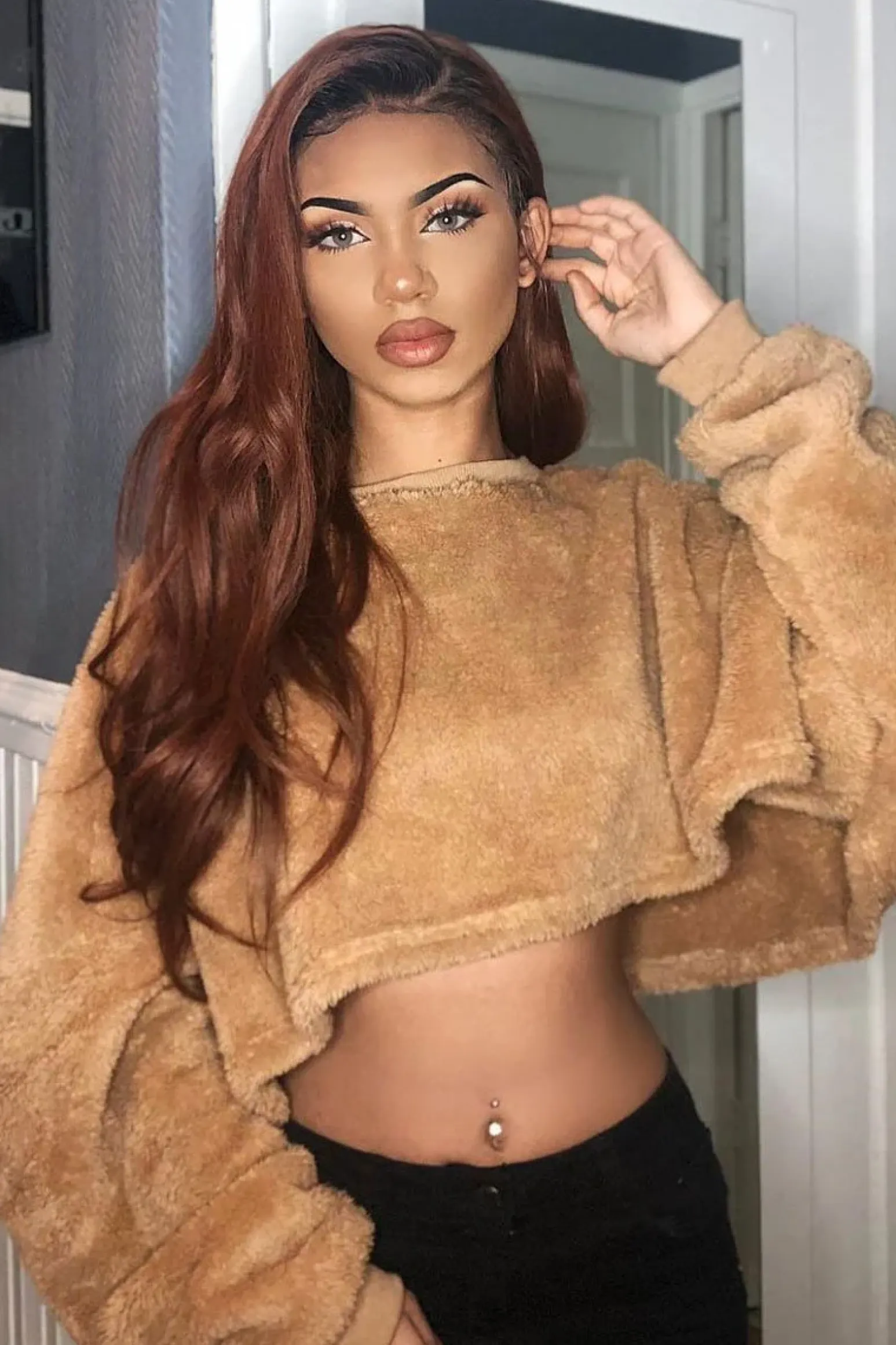Rebellious Fashion Camel Fluffy Long Sleeve Crop Jumper - Noura