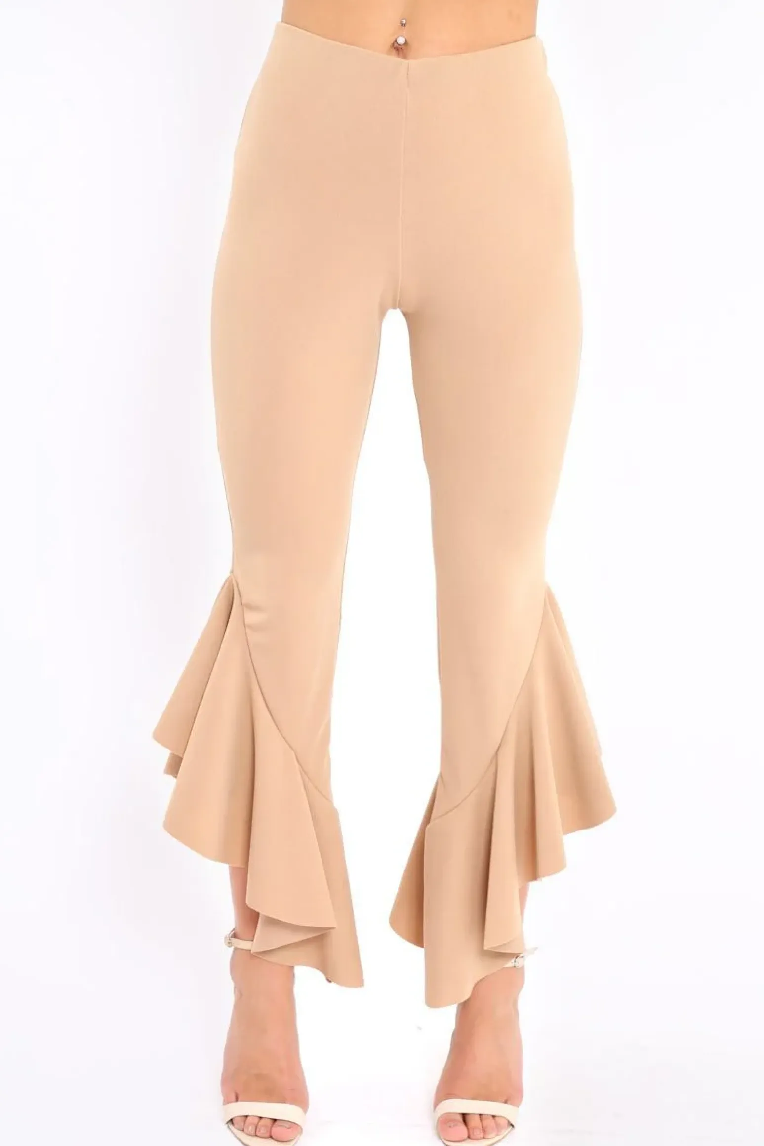 Rebellious Fashion Camel Frill Flare Hem Trousers - Ashlie
