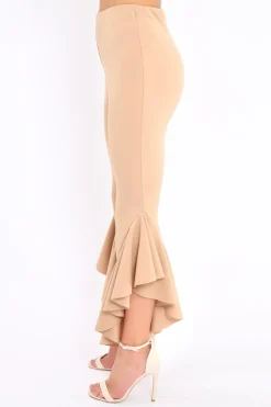 Rebellious Fashion Camel Frill Flare Hem Trousers - Ashlie