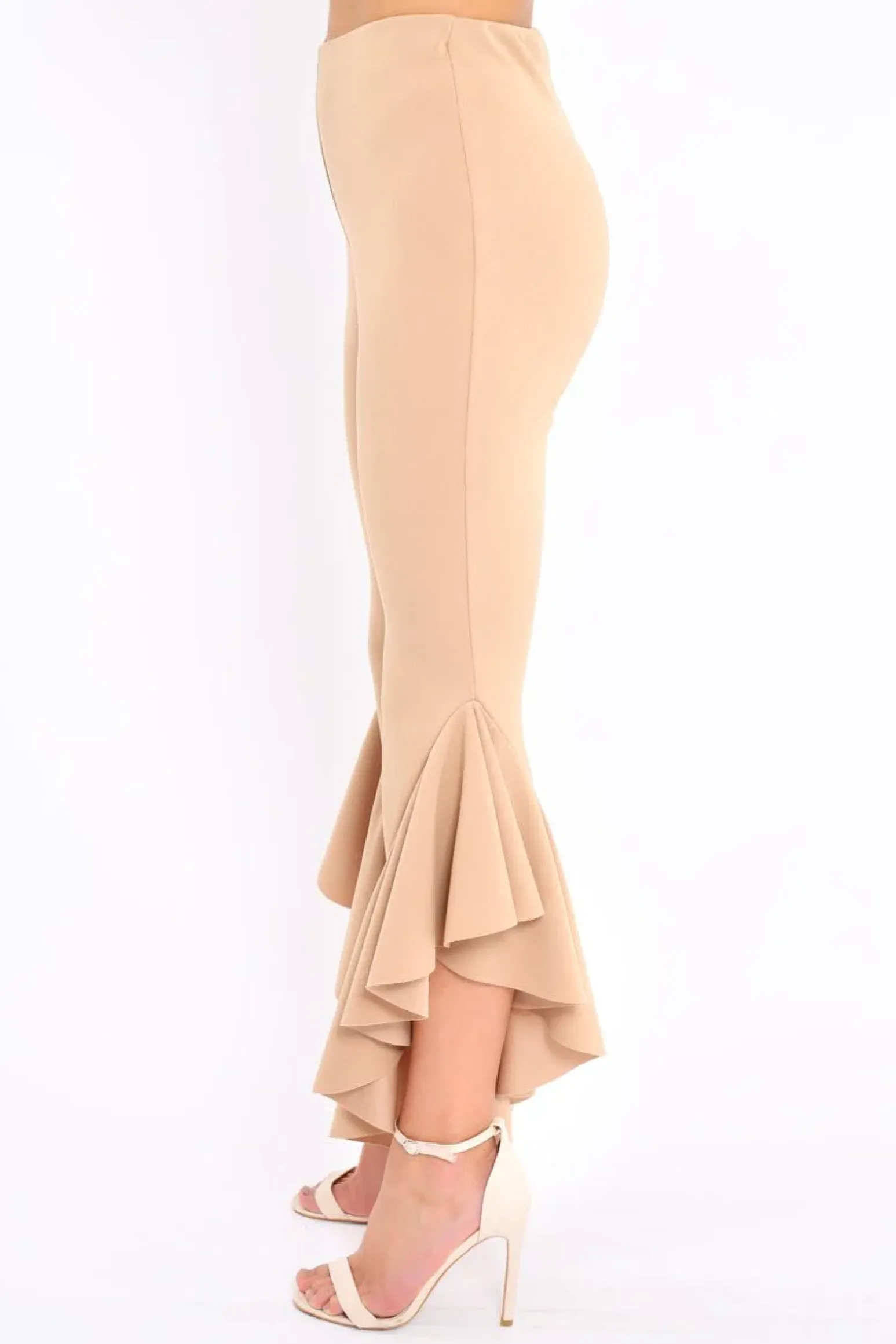 Rebellious Fashion Camel Frill Flare Hem Trousers - Ashlie