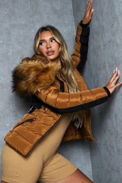 Rebellious Fashion Camel Fur Hood Contrast Panel Puffer Jacket - Marloe