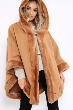 Rebellious Fashion Camel Fur Trim Poncho - Autumn