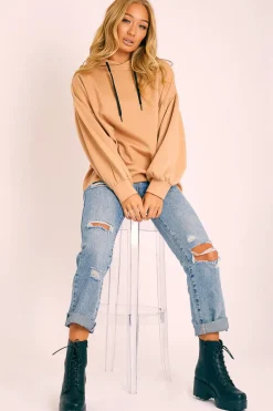 Rebellious Fashion Camel Gathered Sleeve Hoodie - Fenix