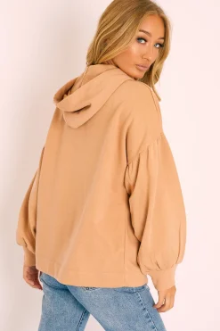 Rebellious Fashion Camel Gathered Sleeve Hoodie - Fenix