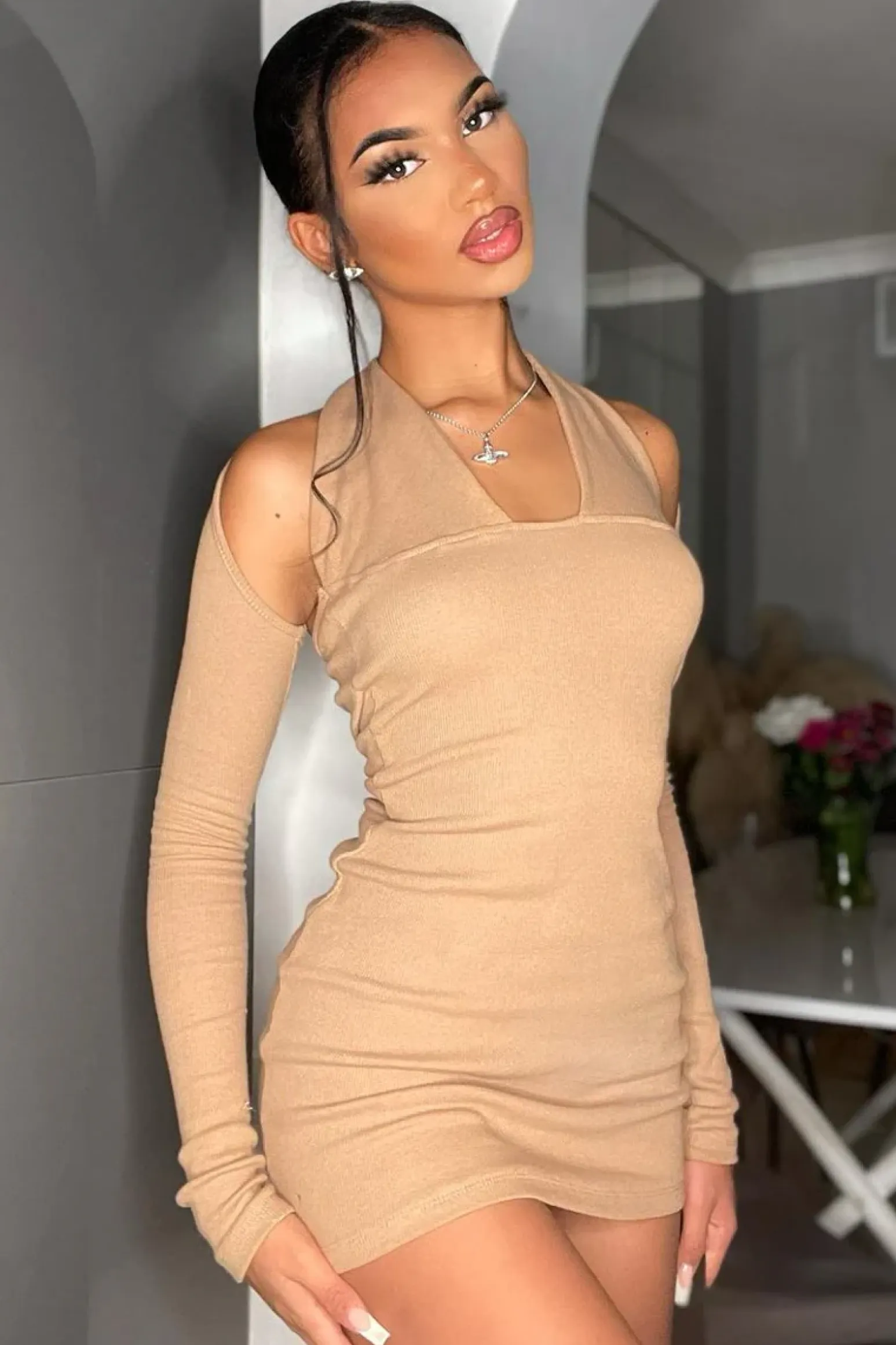 Rebellious Fashion Camel Halter Neck Full Sleeve Cut Out Mini Dress - Jade