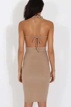 Rebellious Fashion Camel Halterneck Wrap Around Open Back Dress- Lillian