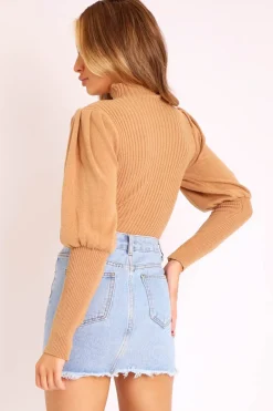Rebellious Fashion Camel High Neck Balloon Sleeve Jumper - Harriet