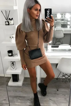 Rebellious Fashion Camel High Neck Balloon Sleeve Knitted Dress - Ginna