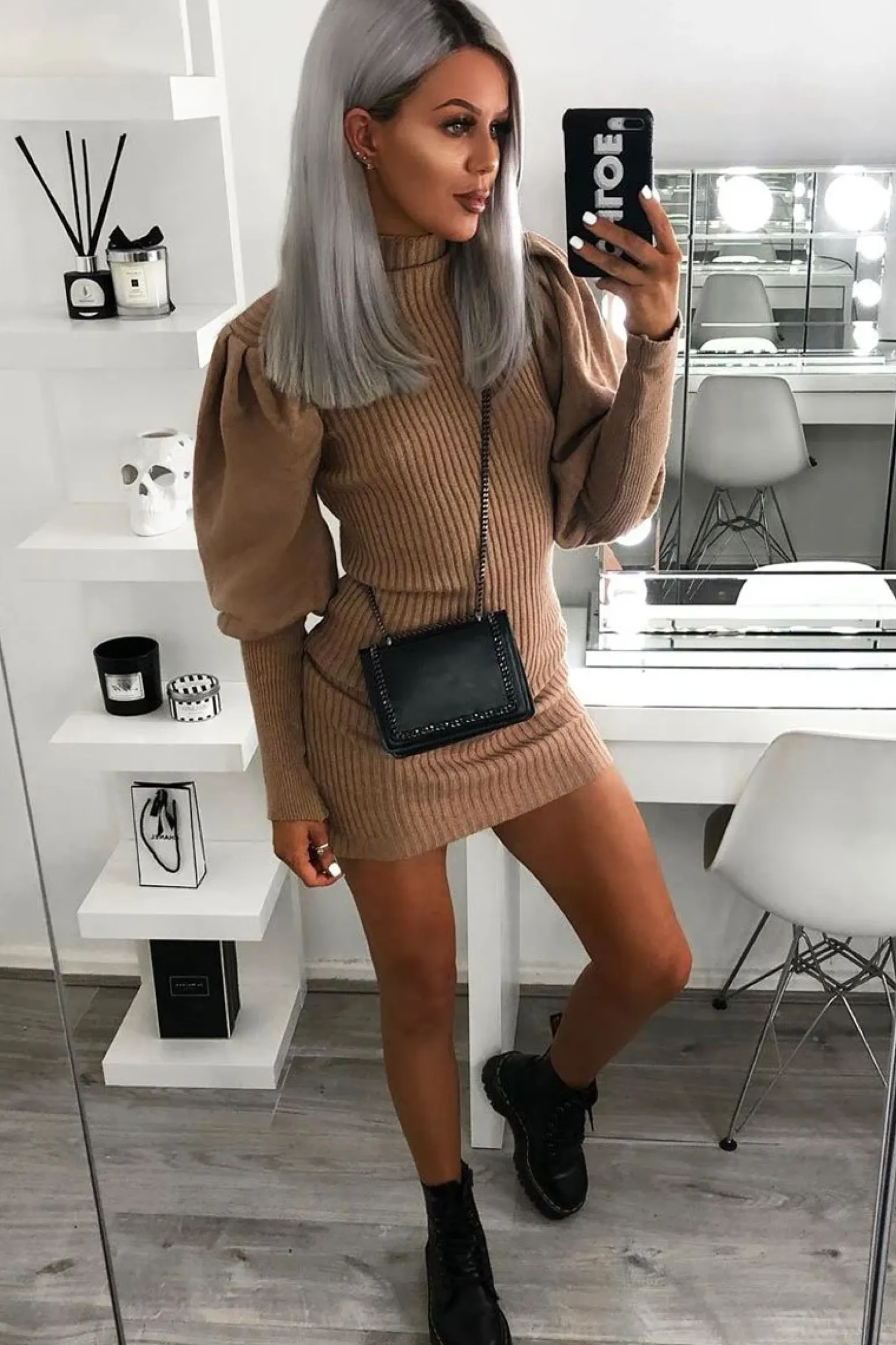 Rebellious Fashion Camel High Neck Balloon Sleeve Knitted Dress - Ginna