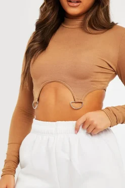 Rebellious Fashion Camel High Neck Cropped Ring Detail Crop Top - Maebel