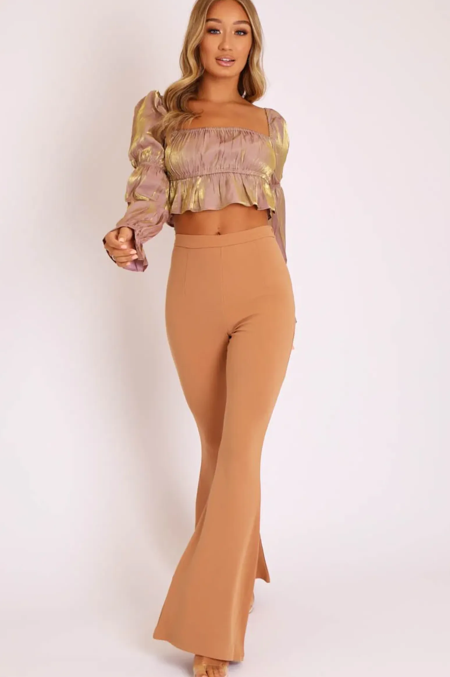 Rebellious Fashion Camel High Waisted Side Zip Flare Trousers - Billie