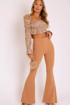 Rebellious Fashion Camel High Waisted Side Zip Flare Trousers - Billie