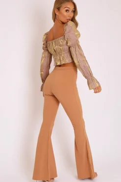 Rebellious Fashion Camel High Waisted Side Zip Flare Trousers - Billie