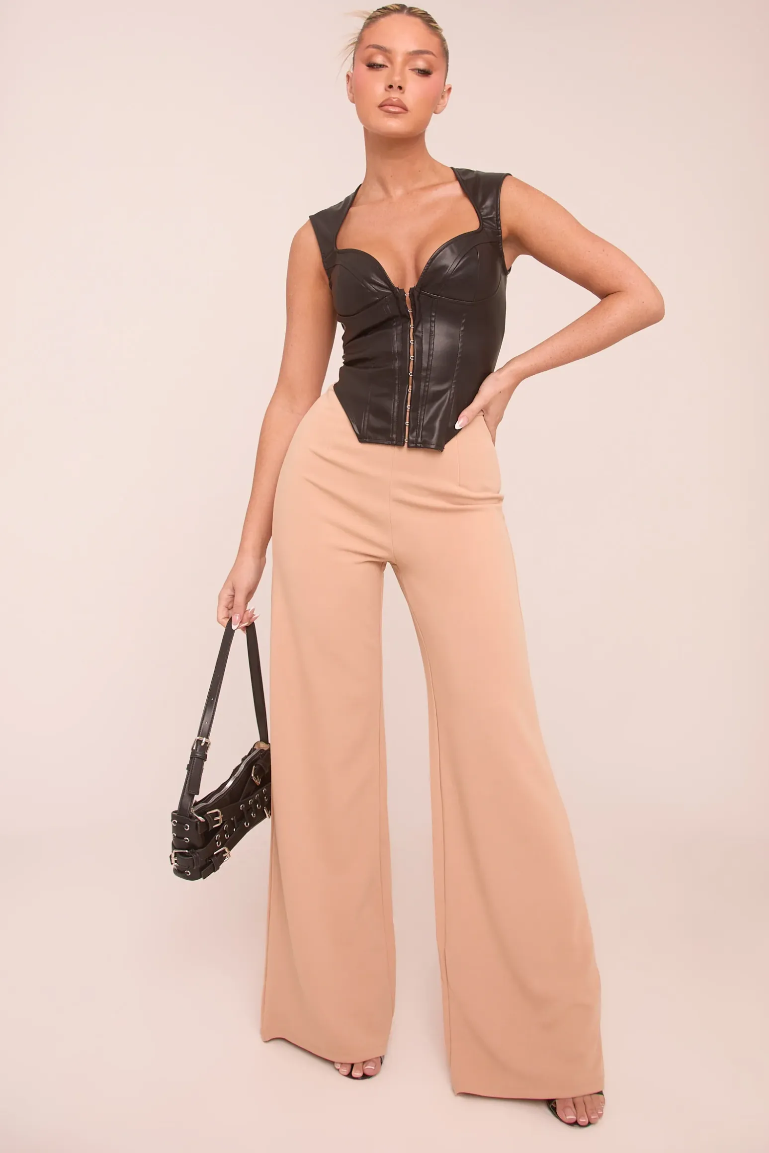 Rebellious Fashion Camel High Waist Flare Trousers -Tisha