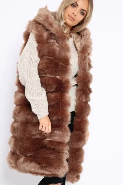 Rebellious Fashion Camel Hooded Faux Fur Gilet - Jadie