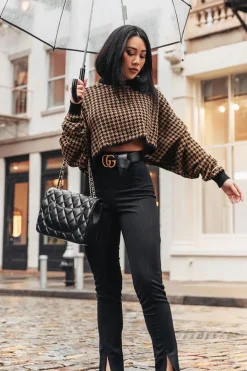 Rebellious Fashion Camel Hounds Tooth Cropped Batwing Jumper - Lizy