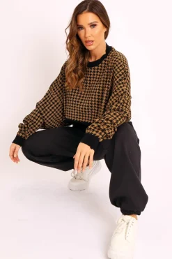 Rebellious Fashion Camel Hounds Tooth Cropped Batwing Jumper - Lizy