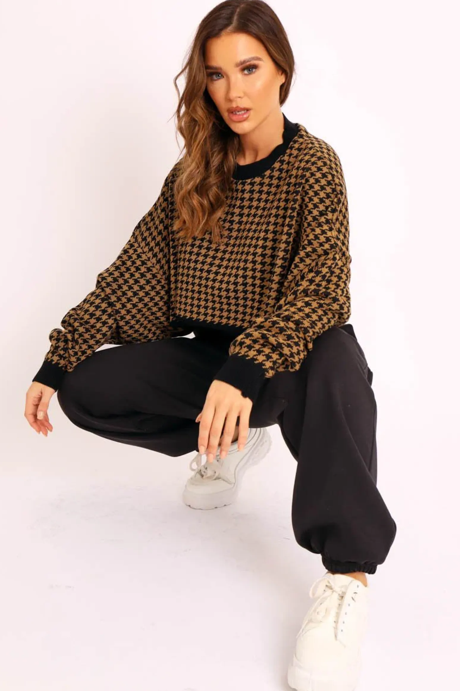 Rebellious Fashion Camel Hounds Tooth Cropped Batwing Jumper - Lizy