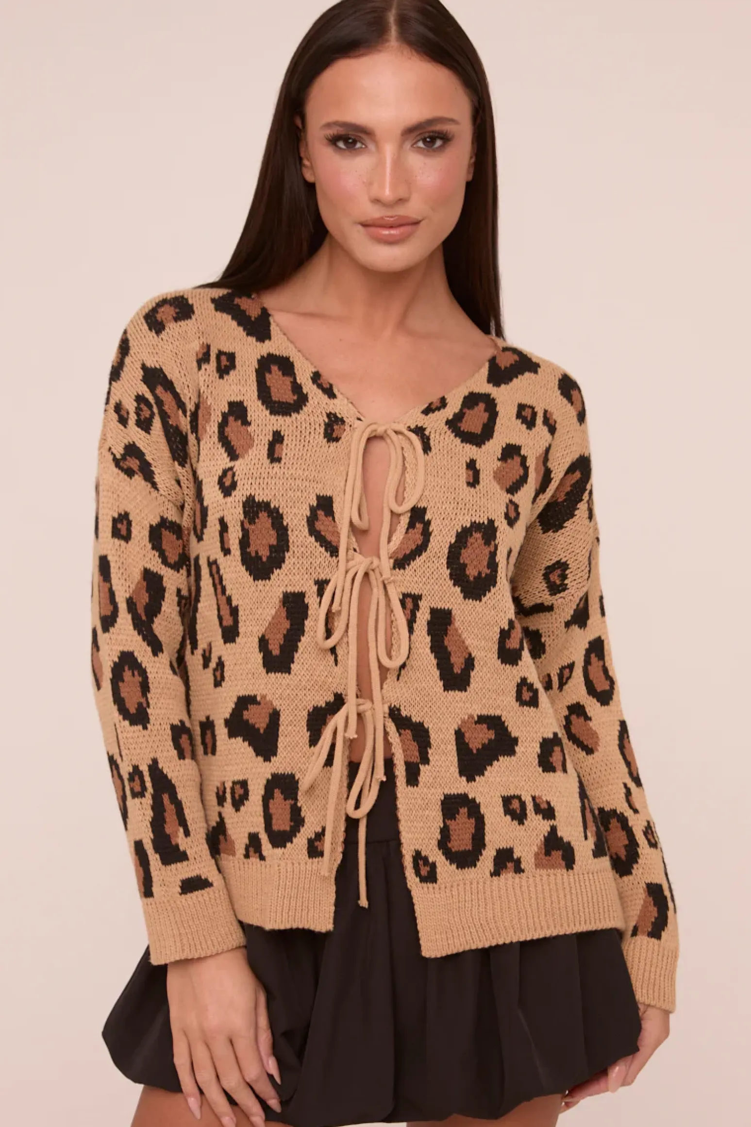 Rebellious Fashion Camel Knit Leopard Print Tie Front Detail Long Sleeves Cardigan - Corey