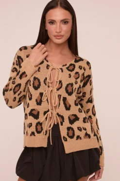 Rebellious Fashion Camel Knit Leopard Print Tie Front Detail Long Sleeves Cardigan - Corey