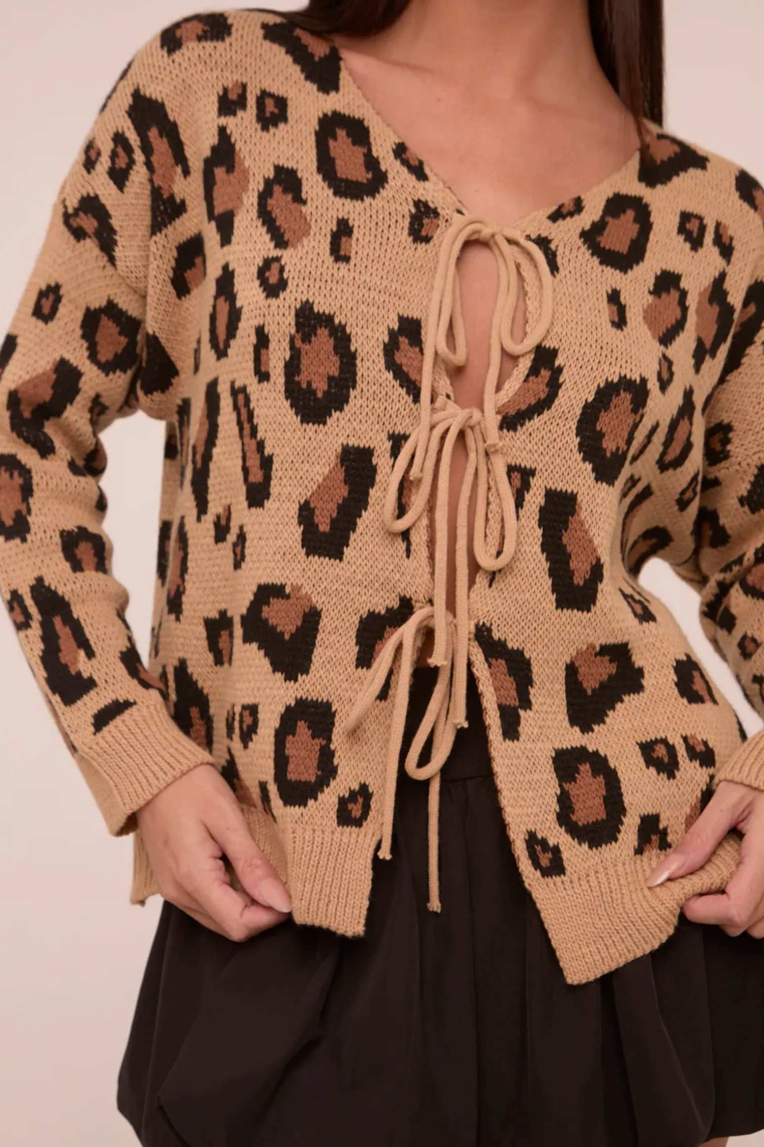 Rebellious Fashion Camel Knit Leopard Print Tie Front Detail Long Sleeves Cardigan - Corey